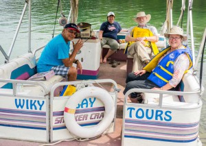 Cruising to Killarney with Indianguide Pontoon Boat Tours. From left, captain Gordie Odjig, Leanne Mishibinijima, Glenn Black and Judy Black. Photo by Isobel Harry