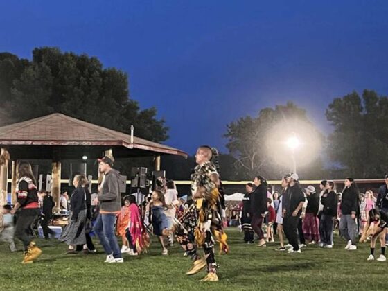 The last intertribal of the night saw a host of Anishinabe take part. photo by Ogimaa Rachel Manitowabi