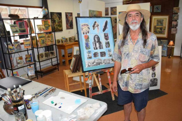 Leonard Beam stands beside a work in progress at his Pinecone Studio in M’Chigeeng.