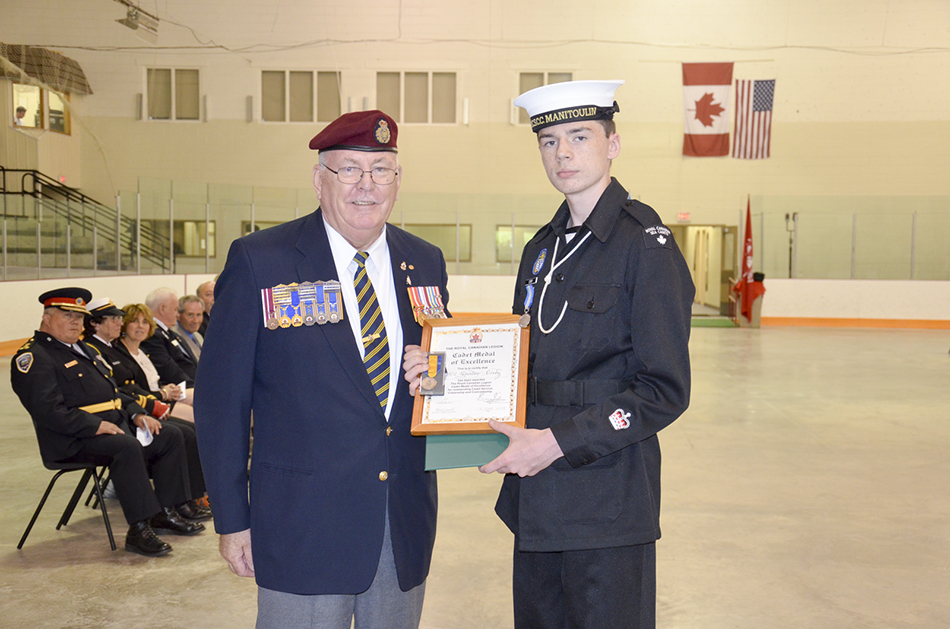 The Cadet Medal of Excellence was presented by Gore Bay Legion  representative Don Watson to Petty Officer  1st Class Quinton Cosby.