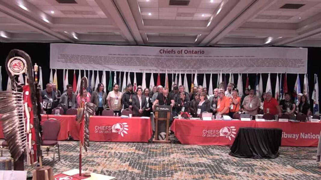 Ontario chiefs gather at the regional Assembly of First Nations meeting, standing in solidarity with Ontario Regional Chief Glen Hare in opposing land and territory recognition of the Metis Nation of Ontario while addressing federal Minister of Crown-Indigenous Relations Marc Miller.