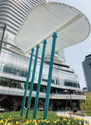 A shade-providing feather, by Ken Lavalee, is part of the new Dr. Lillian McGregor Park located near Queen’s Park. photo courtesy City of Toronto