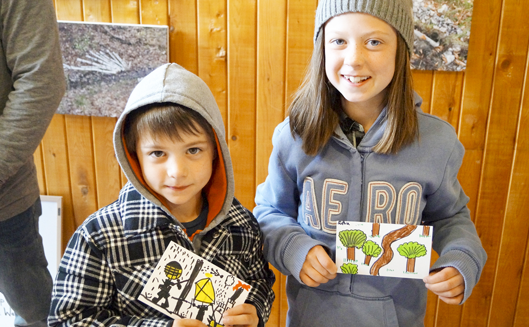 Six-year-old Elliot and his eight-year-old sister Sophie were among several  children who took part in the kids  environmental art workshop. Their postcards will be part of an exchange project held at 4 elements living arts studio.