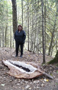 Ann Marie Hadcock of Wiarton uses burlap, resin and layers of sawdust to create a giant “seed pod.” This piece blends in as it is tucked among trees along the winding Bridal Veil Falls hiking trail. photos by Sharon Jackson 