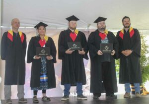 Canadian Welding Bureau Certification graduates were all smiles as they accepted their certifications. From left, Kenjgewin Teg welding instructor Dave Barnes, graduates Brittnee Waindubence, Declan Allison and Christopher Spong, and Skills, Trades and Apprenticeships Program Coordinator Jade Peltier. photo by Veronica Roy