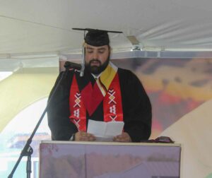 Renovation Techniques-Construction Carpentry graduate Aaron Seltzer speaks on behalf of the Skills, Trades and Apprenticeships graduates. photo by Veronica Roy