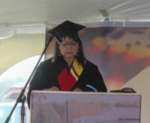 Indigenous Teacher Education Program graduate Danette McGregor speaks on behalf of the Teaching and Learning graduates. photo by Veronica Roy