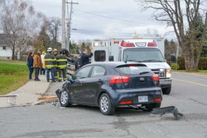 This small Kia was hit by a Dodge pickup truck on Saturday morning, causing the truck to flip on its roof in a residential area of Little Current. Both drivers were taken to hospital but released soon after.