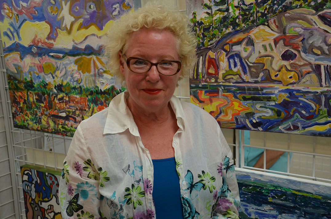 Artist Sylvia Simpson’s works are an invigorating blast of colour, reflecting the artist’s own dynamic personality.