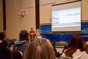 Anishinabemowin teacher Lisa McGregor takes the audience through the short animated film clips created by the students with stop motion claymation. Photos by Michael Erskine