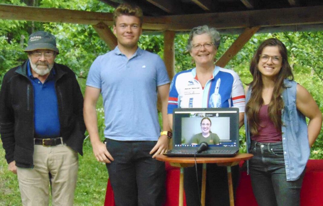 From left are members of the Manitoulin Island Cycling Advocates executive Peter Ford, Matthew Redmond, Maja Mielonen, Rebecca Laurenti and Michelle Campbell on the computer screen. Missing from photo is Nicole Pepper. photo by Margery Frisch