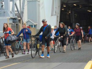 Cyclists debark from the MS Chicheemaun.