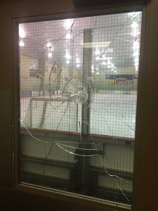 With over six minutes left on the clock the Lockerby team left the ice, venting their frustration at a reffing call with one player shattering the arena door with his stick.