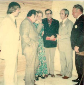 Murchie Wright flanked by Jack Farquhar, far left, Margaret on his right, Dr. Maurice Foster on his left, and Allan Little, mayor of Little  Current on his far right.