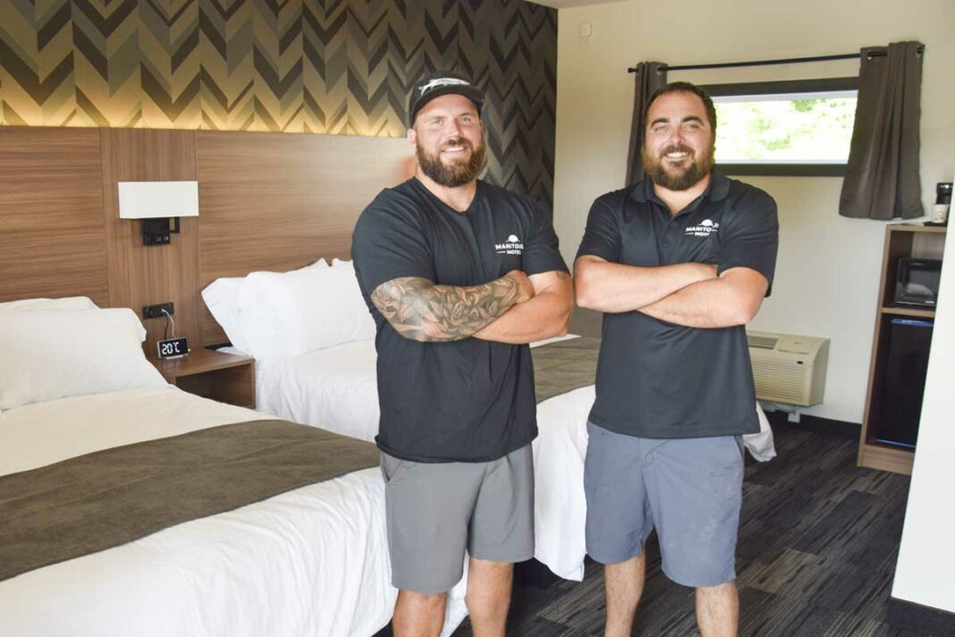 Jordan Stephens and Braden Macaluso on the grand opening of their latest venture, the Manitoulin Motel, on opening day last week. The new motel in Little Current features 12 well-appointed rooms.