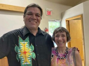  Duke Peltier, former chief of Wiikwemkoong Unceded Territory and Shelley J. Pearen, keynote speaker at the opening of the NorthWords Festival in Kagawong July 21-22. photo by Isobel Harry