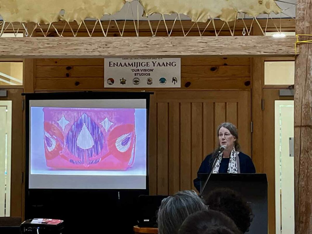 Dr. Laura Peers, an anthropologist and historian, speaks during the The Great Lakes Research Alliance for the Study of Aboriginal Arts and Cultures gathering held last weekend in M’Chigeeng. photo by Lori Thompson