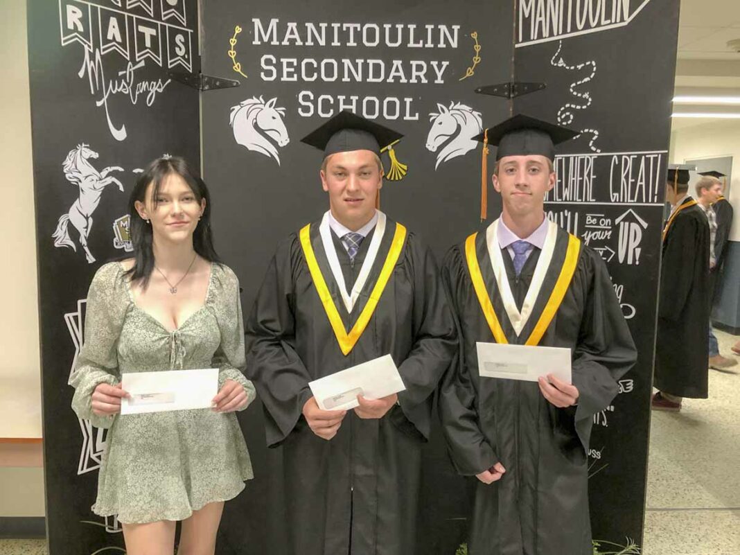 Three Manitoulin Secondary School Co-op students received a $1,000 Ontario Skilled Trades Bursary to assist them in their plans to begin careers in the From left are: Layne Albert, Brett Mastelko and Lucas Wright.