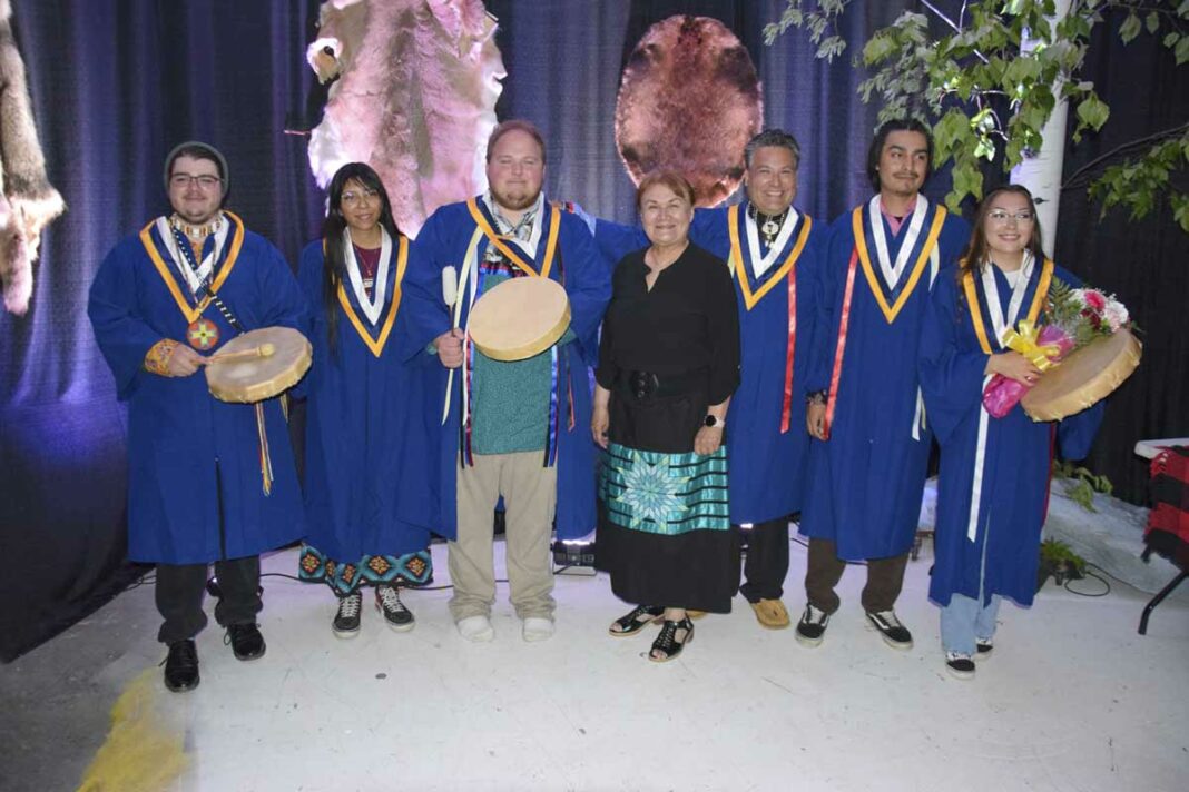 Paul MacIntyre, Dexter Bowerman, Hunter Smith, Presley Meawasige, Serene Manitowabi and Gerard Armstrong are the Weengushk Film Institute graduating Class of 2023. photo by Michael Erskine