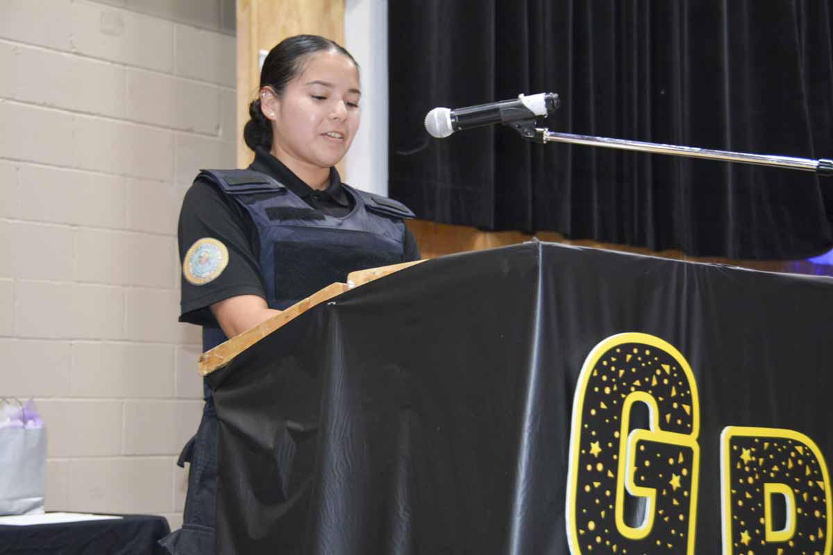 Wiikwemkoong Class of 2021, and new recruit with the Wiikwemkoong Police Sercvies, Sierra Pangowish addresses the Class of 2023.