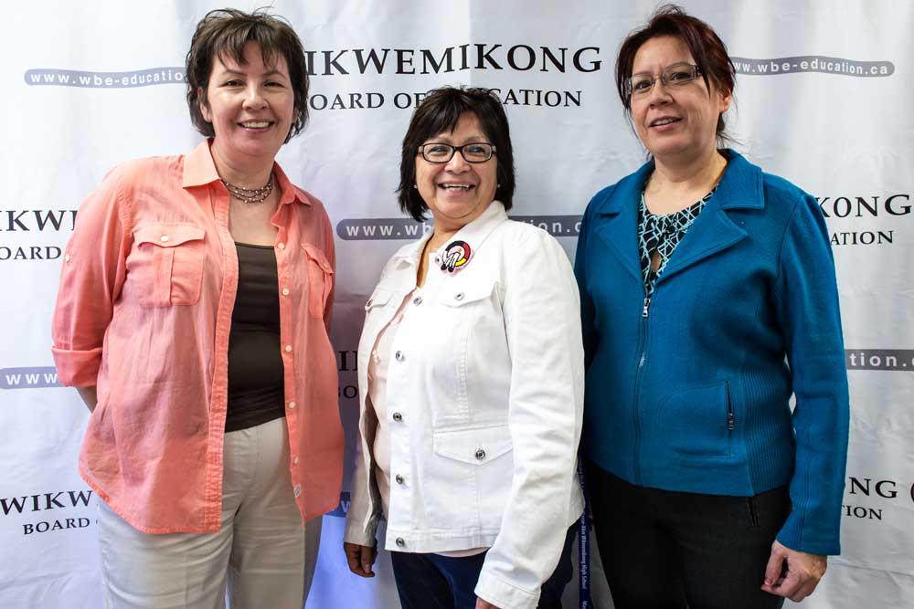 Cathy Fox, Tish Manitowabi and Patty Debassige pose on the ‘red carpet’ during the official launch of the new Wikwemikong Board of Education website.