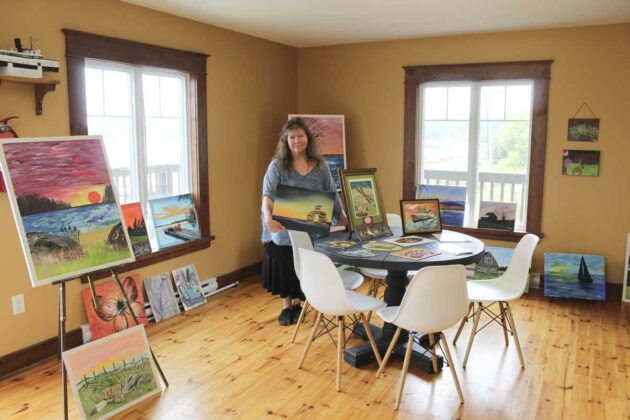 Christine Mick, is known for her workshops spanning from Manitoulin to the lower Northeast Ontario region. She teaches stained-glass-effect paintings. She had her works on display at the Meldrum Bay Marina.