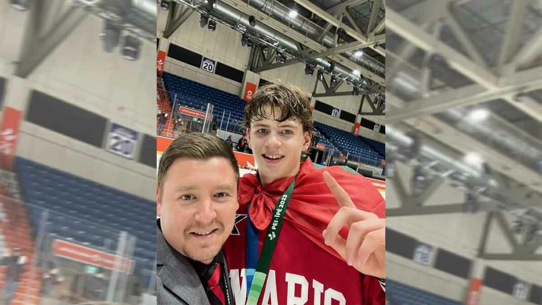 Golden! Dustin Peltier, left, and Jack Nesbitt, who both have strong ties to Manitoulin Island were members of the Team Ontario hockey team that won the gold medal at the 2023 Canada Winter Games in Prince Edward Island. Mr. Peltier was a coach on the team, while Mr. Nesbitt played forward.