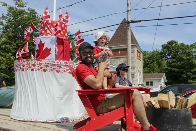 A father and his young daughter are enjoying being participants in the parade.