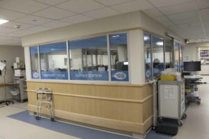 The emergency room/nurse station located within the newly renovated and expanded emergency department at the Mindemoya Hospital site.