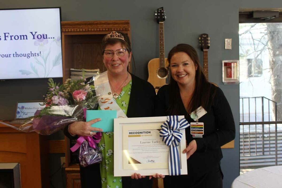 Happy retirement Laurie! From left, Laurie Turley, was presented with a recognition of service award by Jaime-Lynn Kalmikov, administrator of the Manitoulin Lodge Nursing Home, on behalf of Jarlette Health Services and the Manitoulin Lodge Nursing Home. Ms. Turley has retired after a 40-year career as a personal support worker at the Lodge.