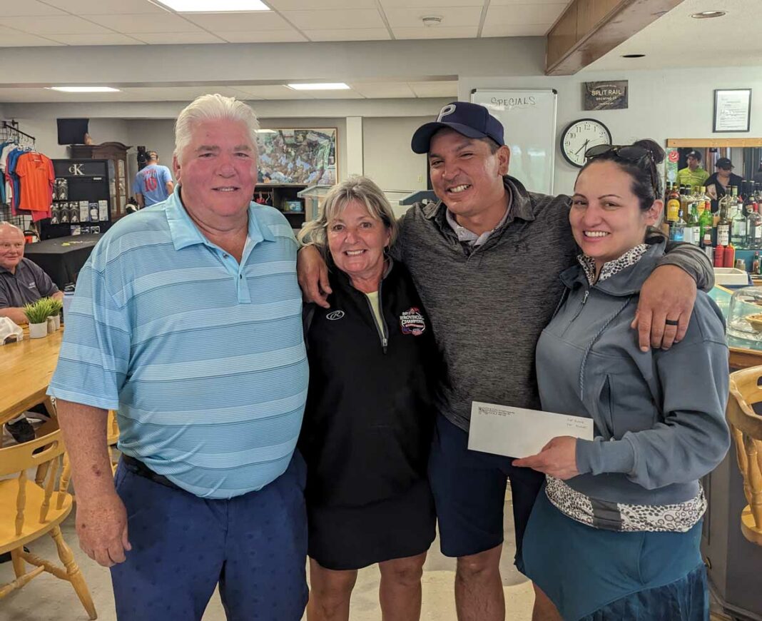 Two teams tied for first place in the championship flight of the annual mixed open golf tournament held at Manitoulin Golf June 10. The two teams included left in photo Stewart Simpson and Sheila Bray, Aaron and Amy Assinewai.