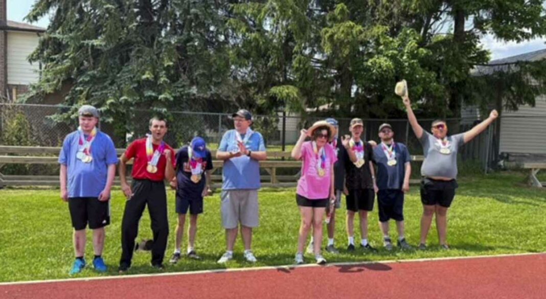 The Manitoulin Special Olympics (MSO) track and field team, brought home a total of 36 medals from a regional Ontario Special Olympics event held in North Bay. In photo from left is MSO team members Dylan Danville, Matthew Bedard, Bruce Vanhorn, Aaron Nickol, Kelsey Mellan, Norm D’Aoust, Michael Cormier, William Leclair and Austin Recollet.