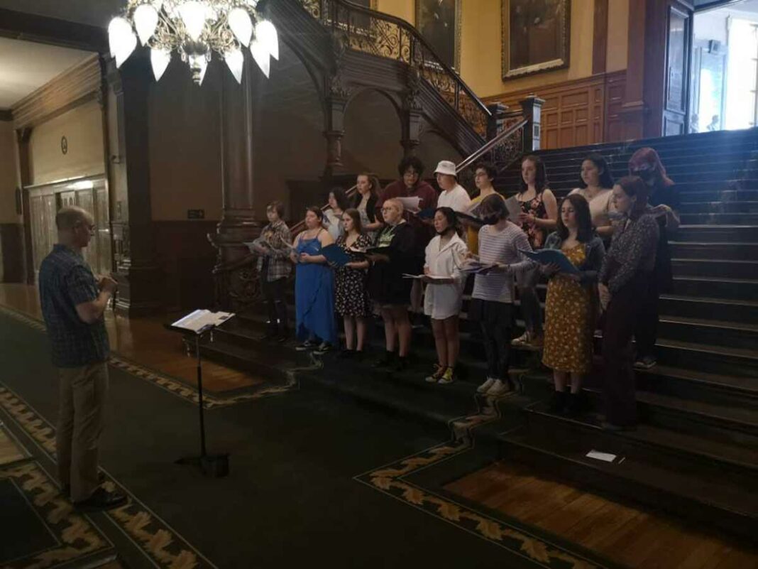 Students in the MSS Choir perform on the steps of Queen’s Park during a recent trip to Toronto.