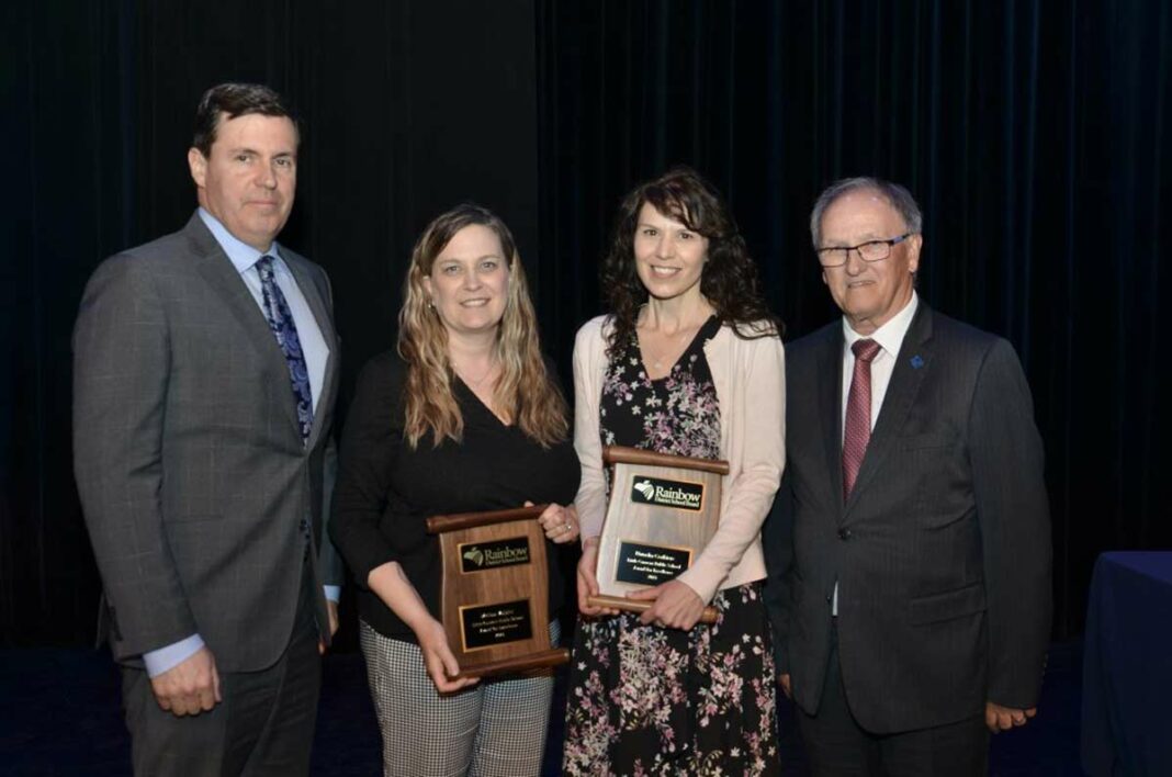 Little Current Public School teachers Natasha Corbiere and Melissa Volpini received Awards for Excellence at the recent Rainbow District School awards night. In photo left, Bruce Bourget, RDSB Director of Education, Natasha Corbiere, Melissa Volpini and RDSB Board Chair Bob Clement.