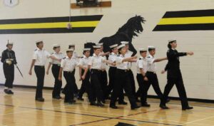 Members of the Manitoulin Sea Cadet Corps march onto the parade square for the annual review. photo by Michael Erskine.