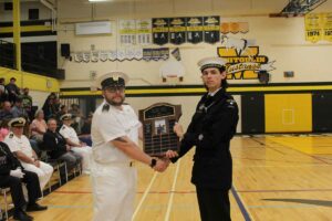 The Fred Nesbitt Memorial Award is presented to the cadet who has shown the most overall improvement. In photo, left, Ncdt Daniel Bussieres presented the award to Petty Officer First Class Benjamin Pangowish. photo by Michael Erskine.