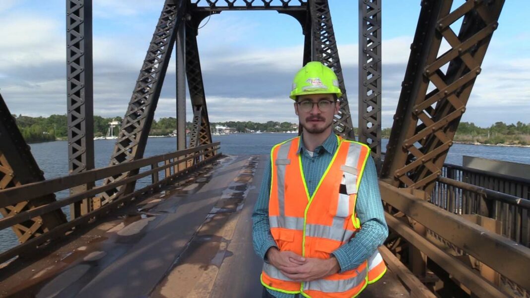 Warren Schlote aboard aboard the swing bridge for his latest episode of ‘Living History.’