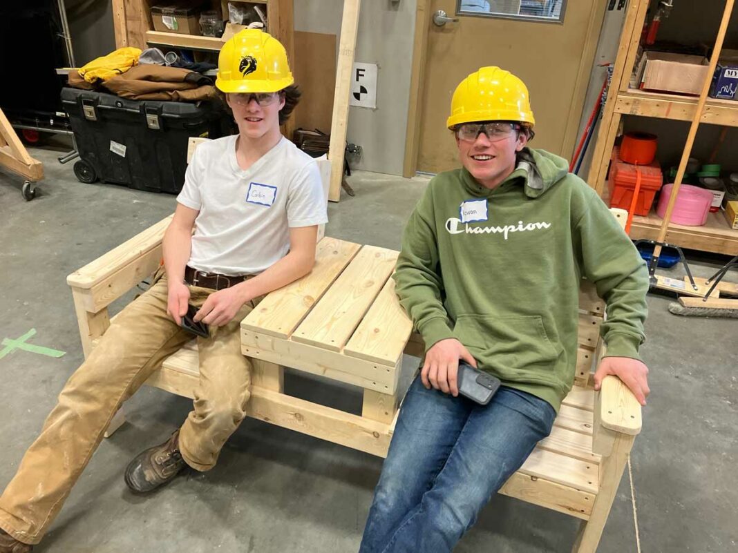 Manitoulin Secondary School students Corbin Best (left) and Kowan Orford finished in third place in the welding category at the Rainbow District School Board annual technological skills competition, held March 1.