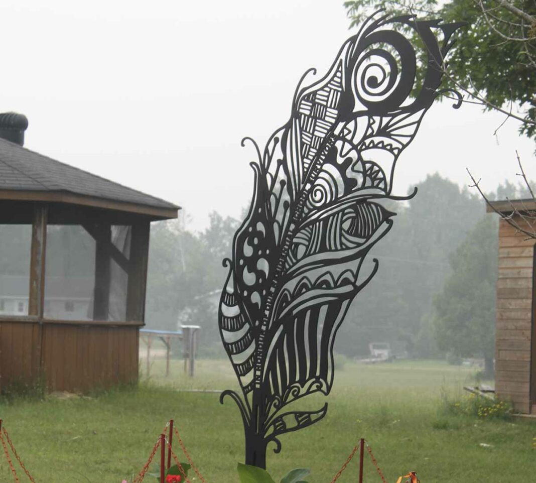 This beautiful monument, in the shape of a feather, was unveiled in the community of Zhiibaahaasing First Nation last week. The monument honours all those community members who survived being students in residential schools.